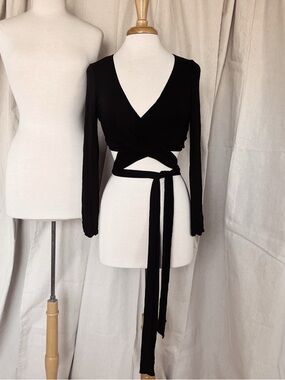 Black Wrap Crop Top with Long Tie - Women